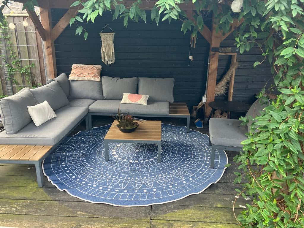 Blauw rond buitenkleed met wit patroon, Ophalen, Gebruikt, Blauw, Boho