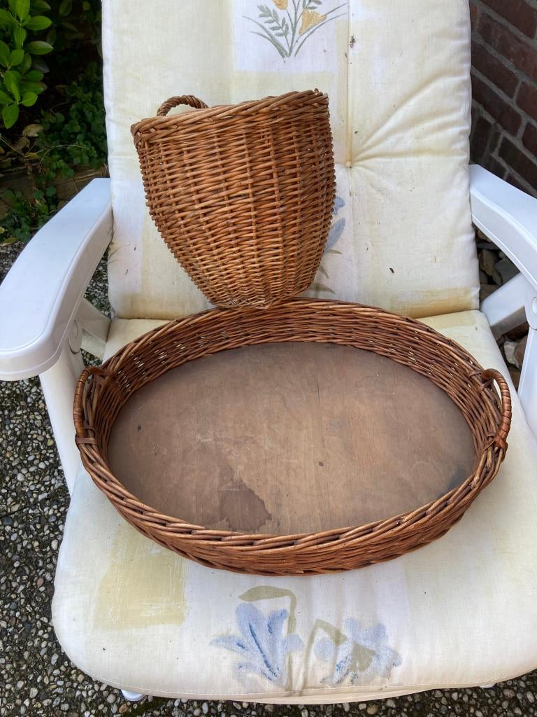 Rieten dienblad ovaal en vuilnismandje met hengsel, Ophalen, Gebruikt, Ovaal, Hout