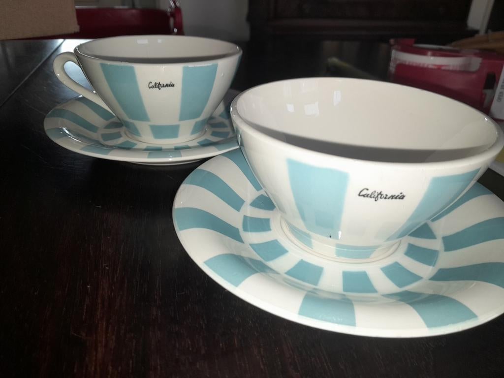 Vintage pastel California grote kop en schotel, Ophalen of Verzenden, Zo goed als nieuw, Porselein, Kop en/of schotel