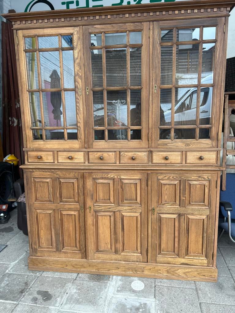 Antieke Eiken Vitrinekast met Laden en Glazen Deuren, Ophalen of Verzenden