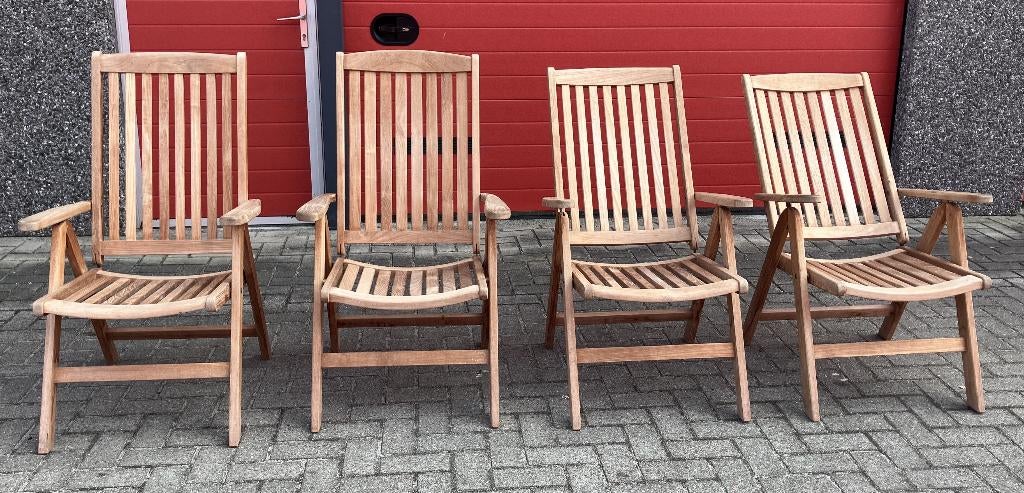 Vier oerdegelijke hardhouten teaken tuinstoelen., Tuin en Terras, Ophalen, Gebruikt, Teakhout, Verstelbaar