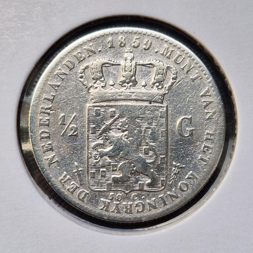 Zilveren halve gulden 1859 Willem III, Postzegels en Munten, Munten | Nederland, ½ gulden, Koning Willem III, Zilver, Ophalen of Verzenden