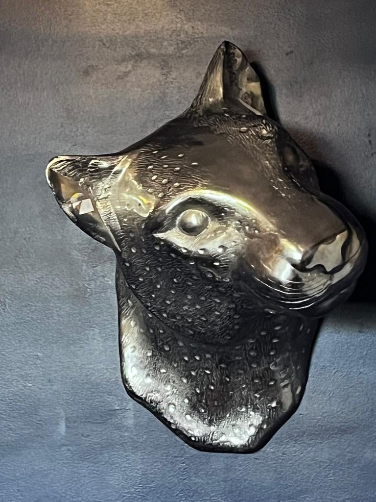 Zilverkleurig Panter Hoofd Wanddecoratie, Tuin en Terras, Tuinbeelden, Ophalen of Verzenden, Zo goed als nieuw, Metaal, Dierenbeeld