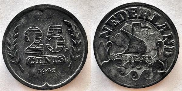 25 cent 1941 Zink, Postzegels en Munten, Munten | Nederland, Verzenden, Koningin Wilhelmina, 25 cent