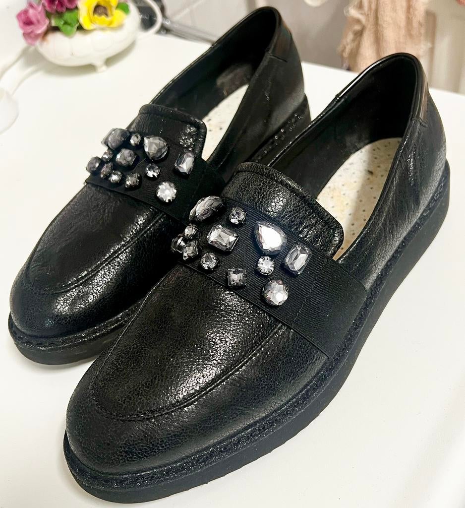 Geox leren damesschoenen,Prachtige glanzende steentjesMaat41, Zwart, Zo goed als nieuw, Wandelschoenen, Ophalen of Verzenden