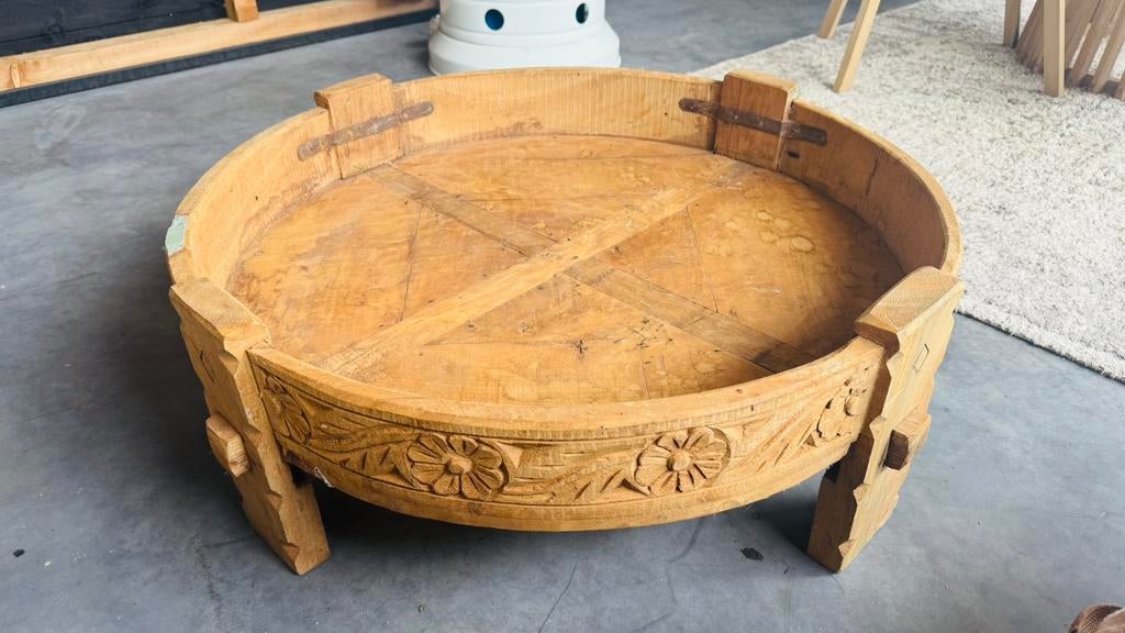 oude maalsteentafel chakki uit India teak, 72cm diameter, Ophalen, Gebruikt, Rond, Hout