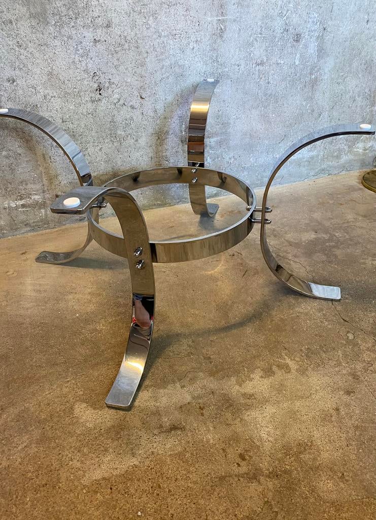 Space Age salontafel met chromen onderstel en rookglas blad, Gebruikt, Glas, Onbekend, Onbekend