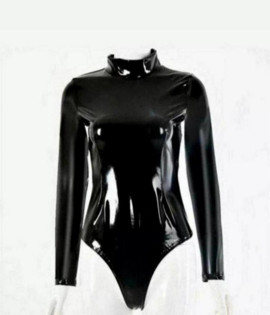 Mooie laklook body met rits en hoge hals, tm 3XL, Kleding | Dames, Ondergoed en Lingerie, Verzenden, Zwart, Body of Korset