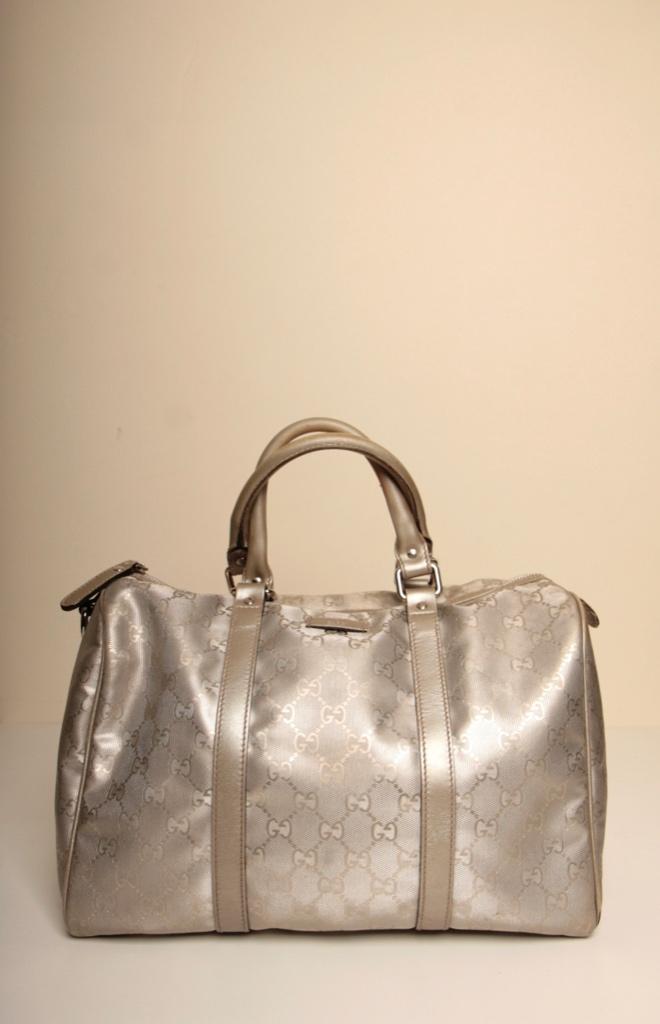 GUCCI JOY BOSTON BAG in oester metallic leer/canvas, Ophalen of Verzenden, Gebruikt, Beige, Handtas