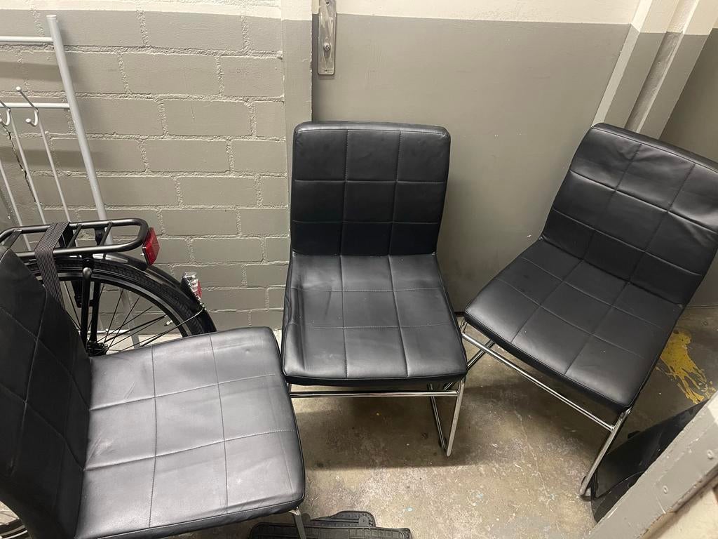 Set van 3 zwarte eetkamerstoelen van leer, Ophalen, Gebruikt, Drie, Zwart