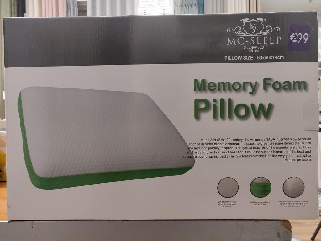 MC-SLEEP Memory Foam Kussen - 60x40x14cm groen - wit, Ophalen of Verzenden, Nieuw, Wit, Rechthoekig