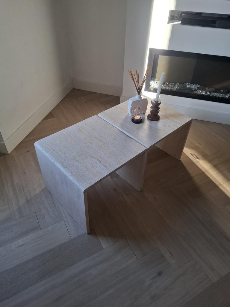 Vintage travertin salontafels / bijzettafels set, Overige materialen, 50 tot 100 cm, Travertin japandi vintage marmeren natuursteen