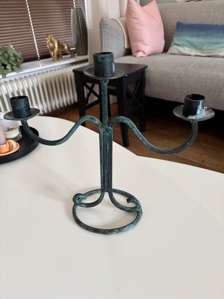 Groene kandelaar voor 3 kaarsen, Ophalen, Gebruikt, Metaal, Groen