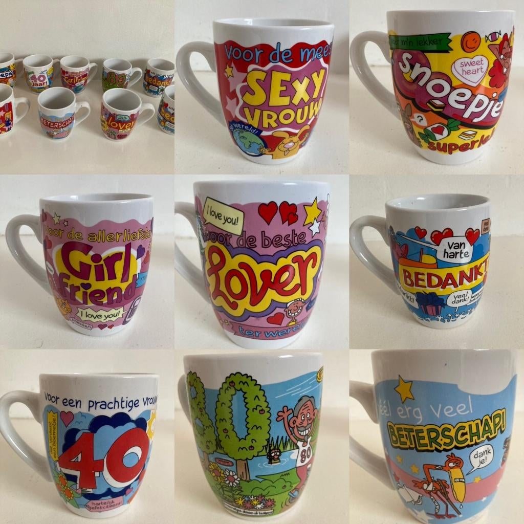 10 feest bekers mokken met tekst strips jubileum verjaardag, Overige typen, Nieuw, Ophalen of Verzenden, Overige stijlen