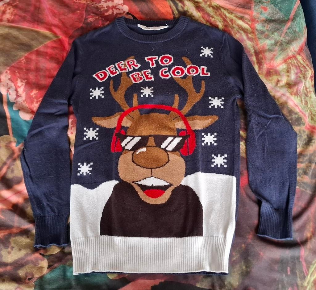 Leuke kersttrui blauw met grappig rendier maat 134/140, Kinderen en Baby's, Kinderkleding | Maat 134, Ophalen, Jongen of Meisje