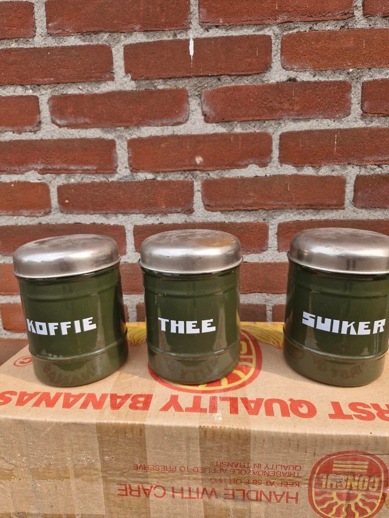 Gave groene emaille koffie thee en suiker blikken, Ophalen of Verzenden