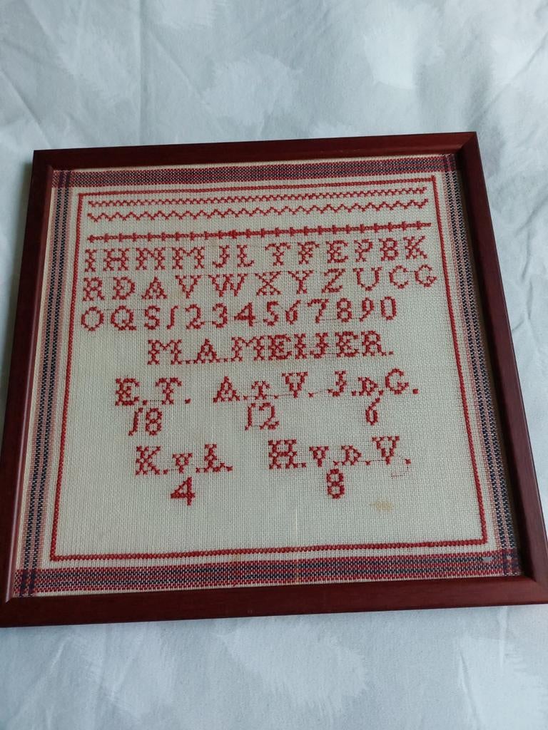 Antieke oude merklap, ingelijst., Ophalen of Verzenden, Gebruikt