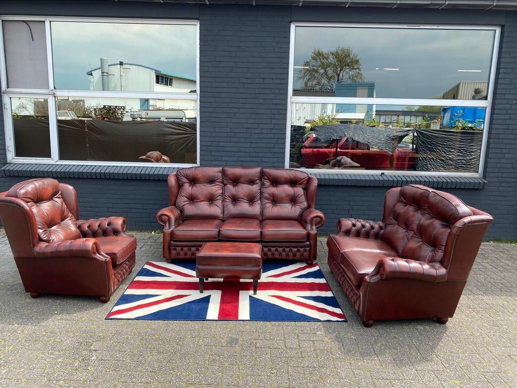 Ruime Chesterfield 3+2+1+poef bankstel GRATIS BEZORGD!, Ophalen of Verzenden, Zo goed als nieuw, 75 tot 100 cm, Leer