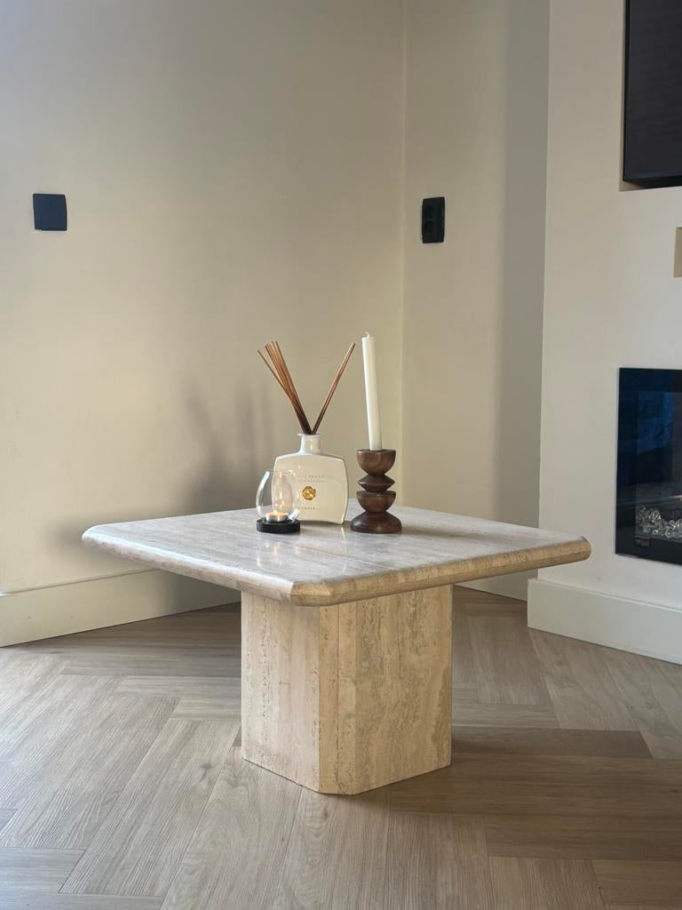 Travertin salontafel, Overige materialen, 50 tot 100 cm, Travertin japandi vintage marmeren natuursteen, Vierkant