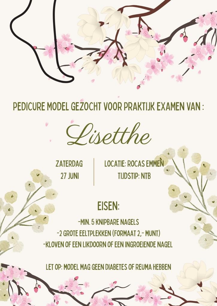 Pedicure model gezocht, omg Emmen, 33 - 40 uur, Overige niveaus, Starter, Overige vormen