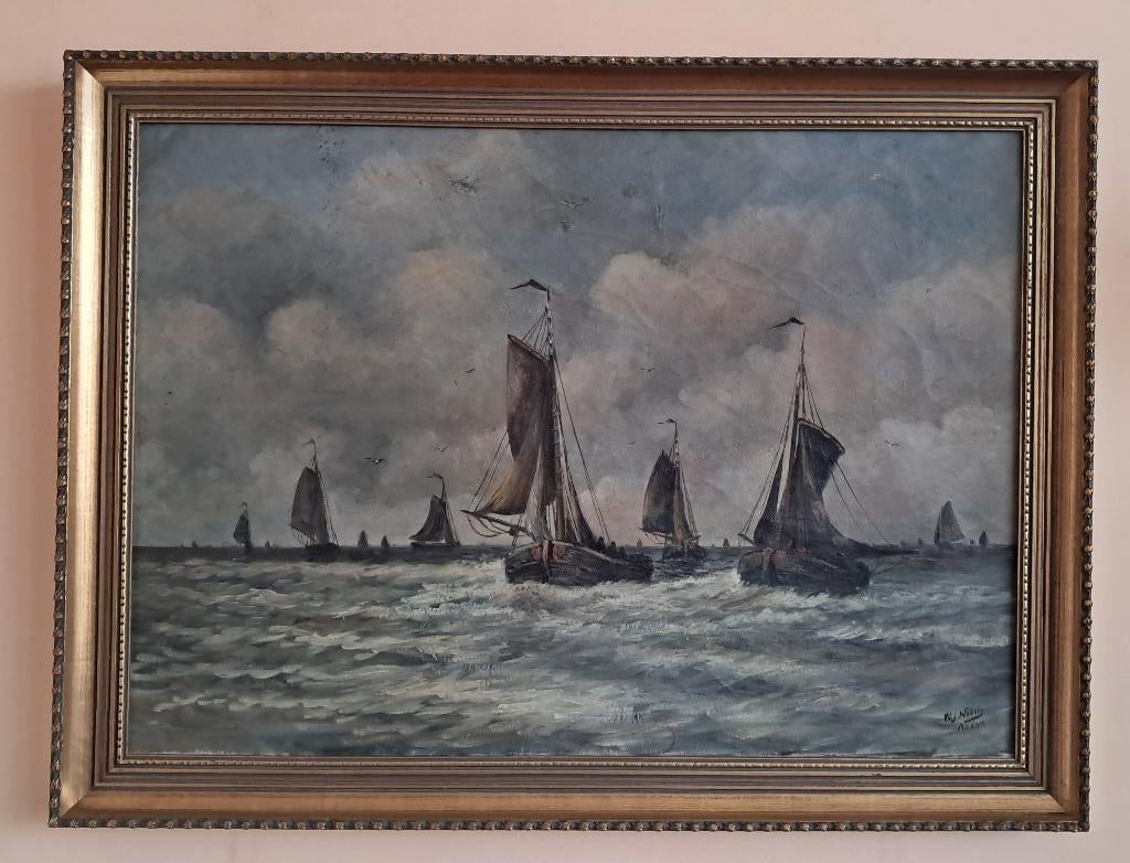 Schilderij zeezicht vissers botters op weg naar de kust 1910, Antiek en Kunst, Kunst | Schilderijen | Klassiek, Ophalen