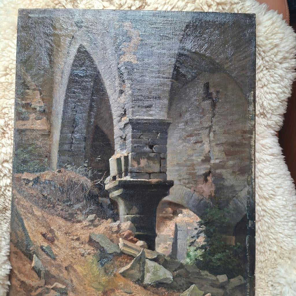 Schilderij oude vesting met water en puin, Ophalen of Verzenden