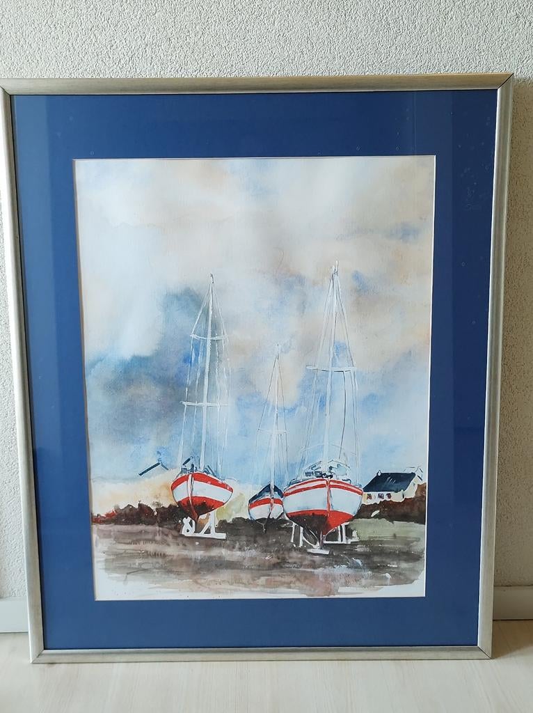 Ingelijste aquarel van boten op het droge, Loes van Hees., Antiek en Kunst, Ophalen of Verzenden