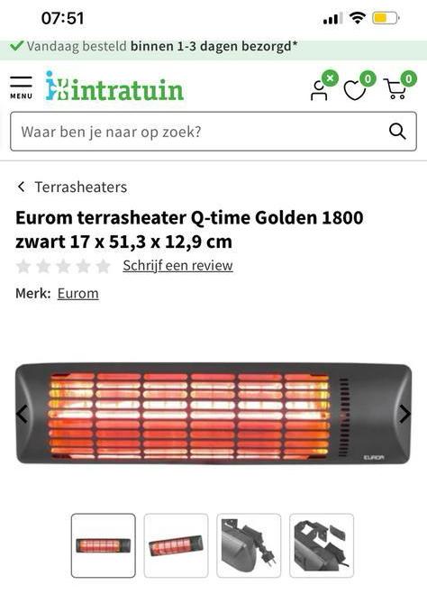 Eurom terrasheater Q-time Golden 1800 zwart 17 x 51,3x12,9cm, Ophalen of Verzenden, Nieuw, Wand