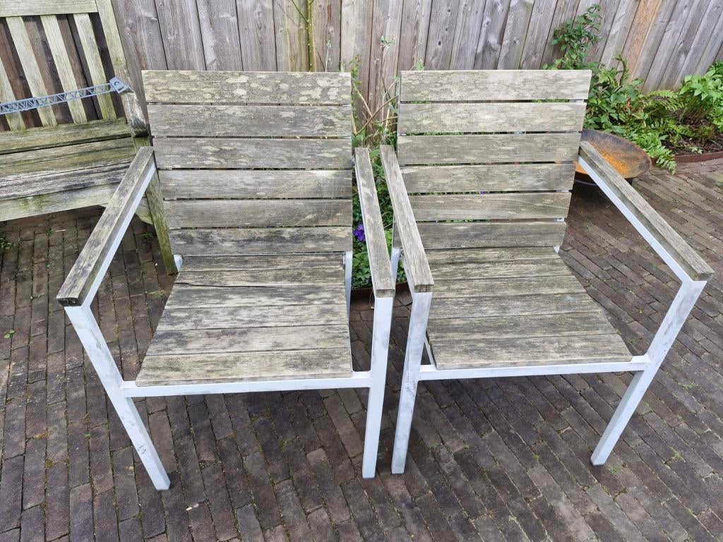 2 tuinstoelen, Tuin en Terras, Ophalen, Gebruikt, Hout, Stapelbaar