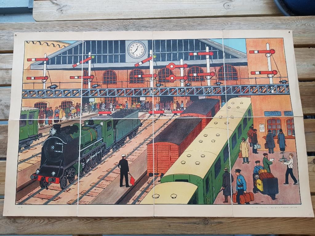 Treinstation oude schoolplaat uit Frankrijk litho op canvas.