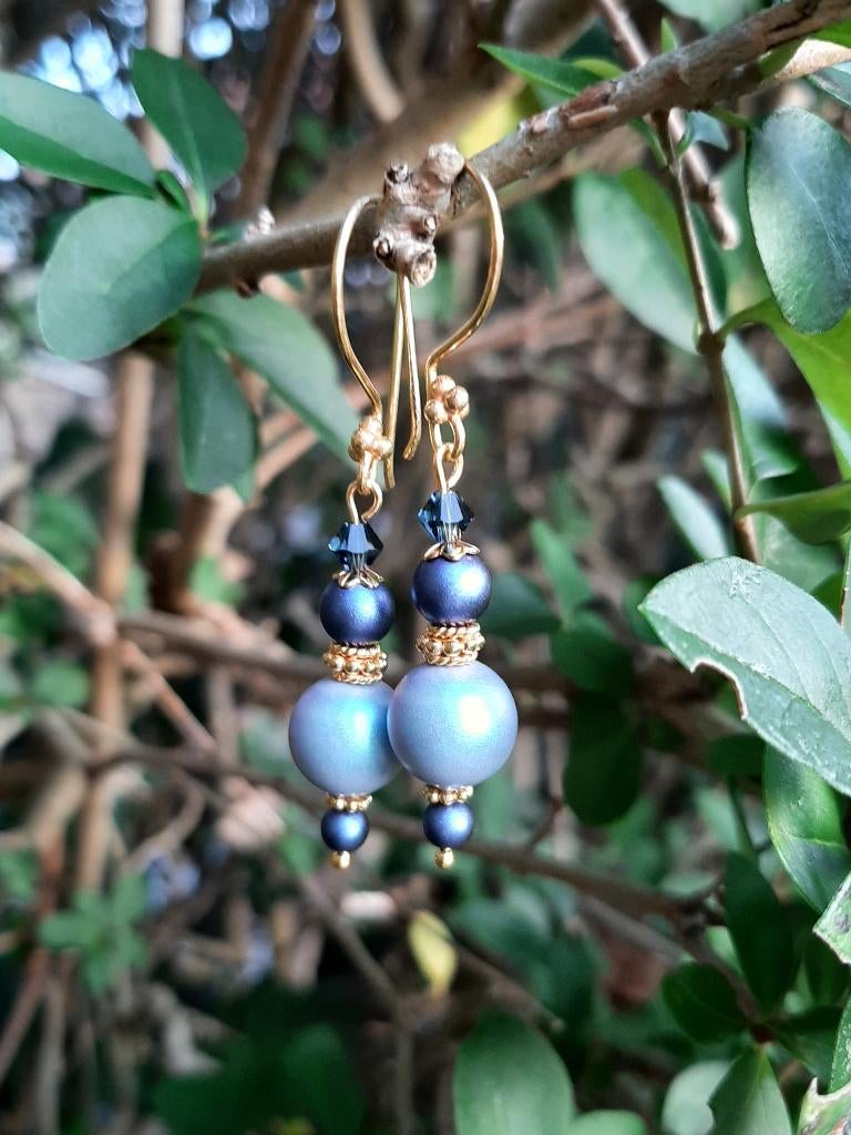 Oorbellen Blue Metal swarovski parels-kristal goud, Hangers, Blauw, Nieuw, Goud