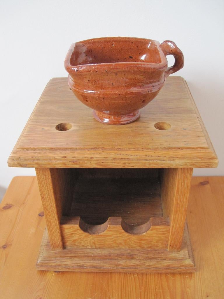 Antieke eiken houten voetenstoof, Makkum aardewerken test, Antiek en Kunst, Ophalen of Verzenden