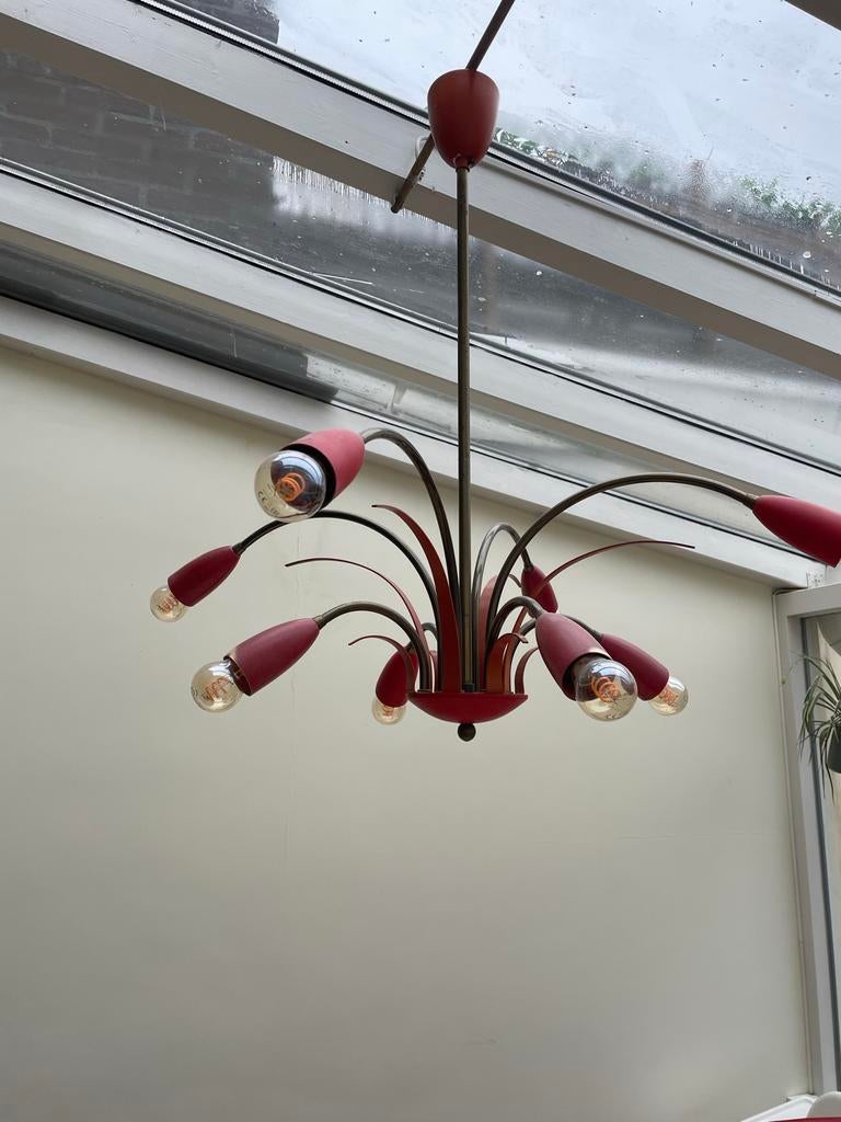Vintage Sputnik Kroonluchter - Rode Metalen Plafondlamp, Ophalen, Gebruikt, Metaal