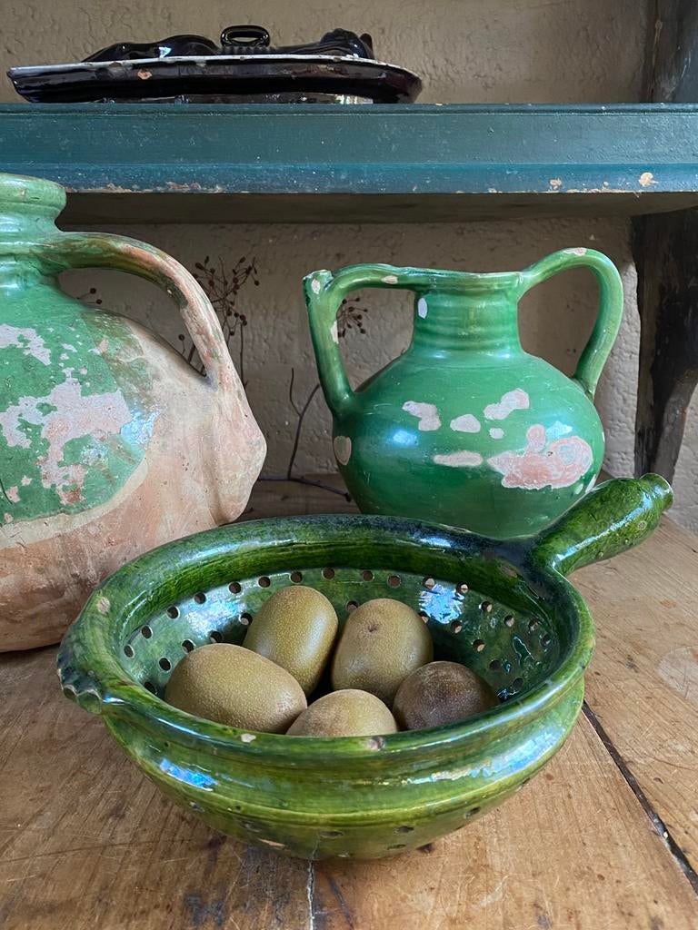 Zeldzaam antiek frans aardewerk vergiet, groen glazuur, Ophalen of Verzenden