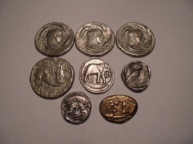 Setje 8 x Grieks Romeinse Spaar munten Collectie BP 1971, Overige supermarkten, Ophalen of Verzenden