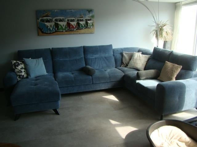 Hoekbank / jeanskleur / chaise longue met opbergruimte, Ophalen, Hoekbank, 300 cm of meer, Zo goed als nieuw