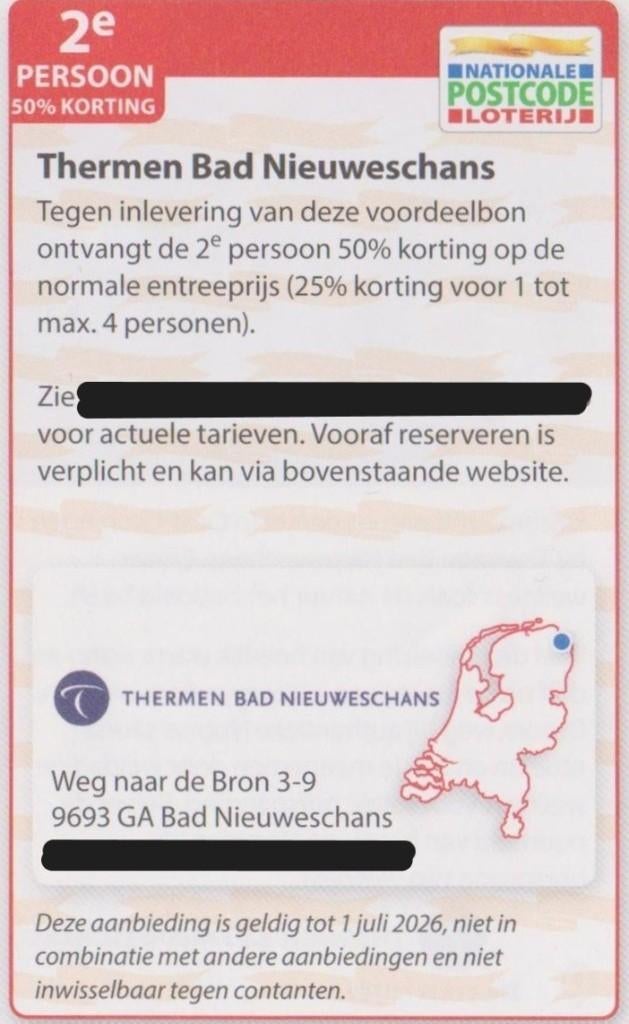 Thermen Bad Nieuweschans 2e persoon 50% korting Postcode bon, Twee personen, Kortingsbon, Spa of Sauna