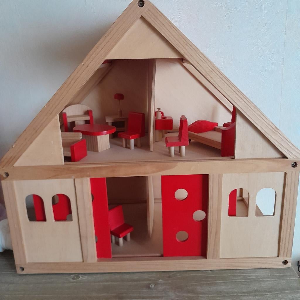 Houten poppenhuis met meubels, Kinderen en Baby's, Speelgoed | Poppenhuizen, Ophalen