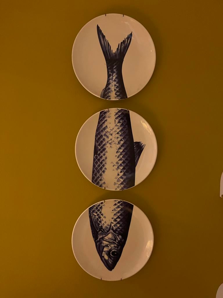 Heinen Delfts Blauw Borden met Visdecor, Ophalen of Verzenden