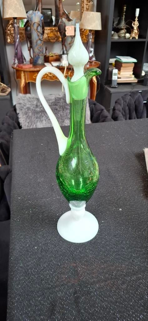 Vintage Groene Glazen Karaf met Craquelé Effect, Antiek en Kunst, Ophalen of Verzenden