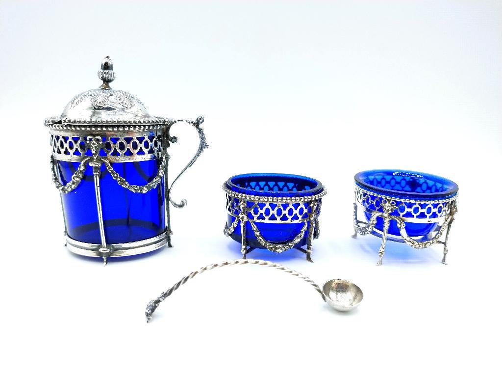 4-Delig zilveren empire tafelset met blauw glas, Nederland, Antiek en Kunst, Verzenden