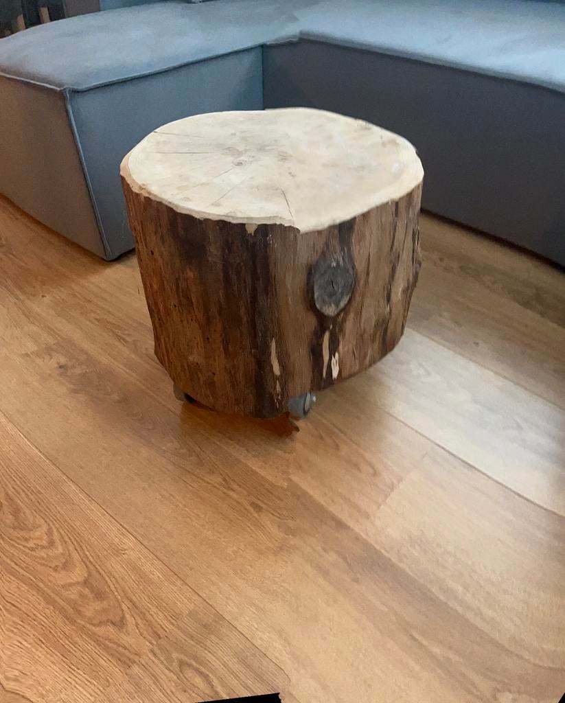 Boomstam op wieltjes als bijzettafeltje, Ophalen of Verzenden, Zo goed als nieuw, Rond, Minder dan 50 cm