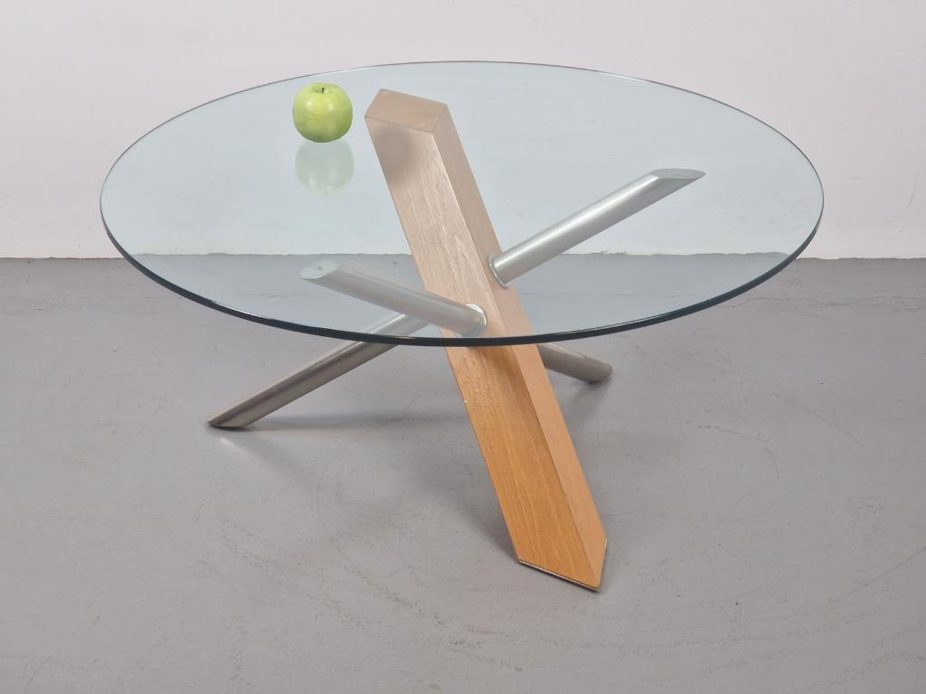Vintage moderne salontafel hout glas design rond ’90 Italië, Ophalen, Gebruikt, 50 tot 100 cm, Rond