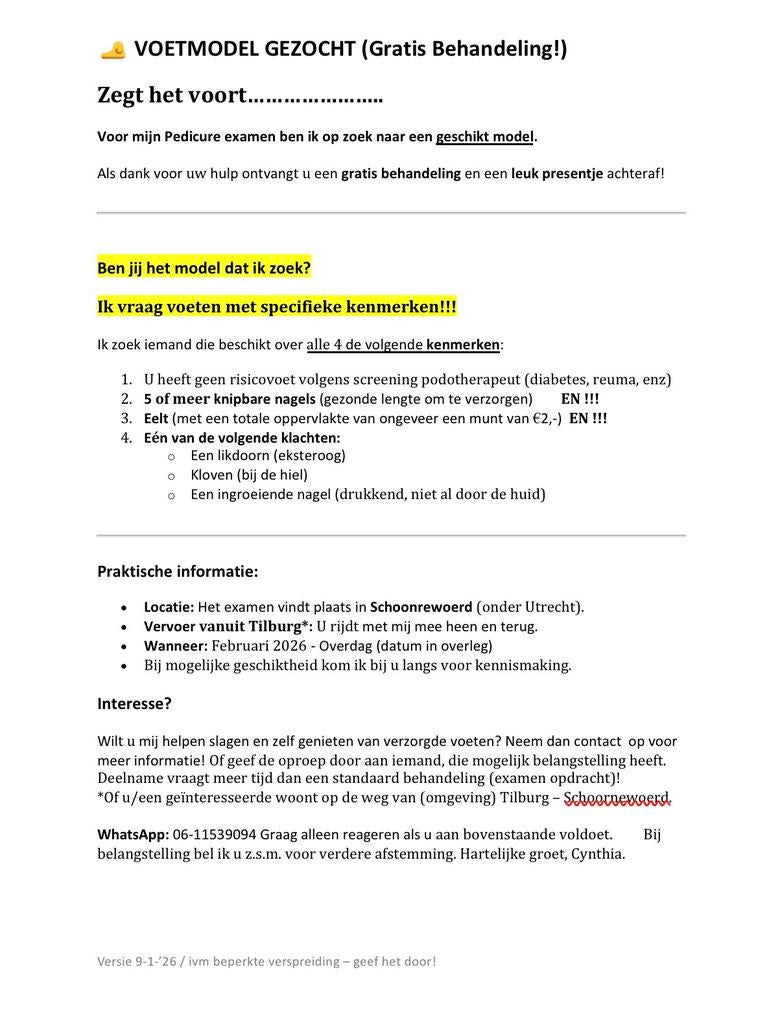 Voetmodel pedicure gezocht (examen), 33 - 40 uur, Overige vormen