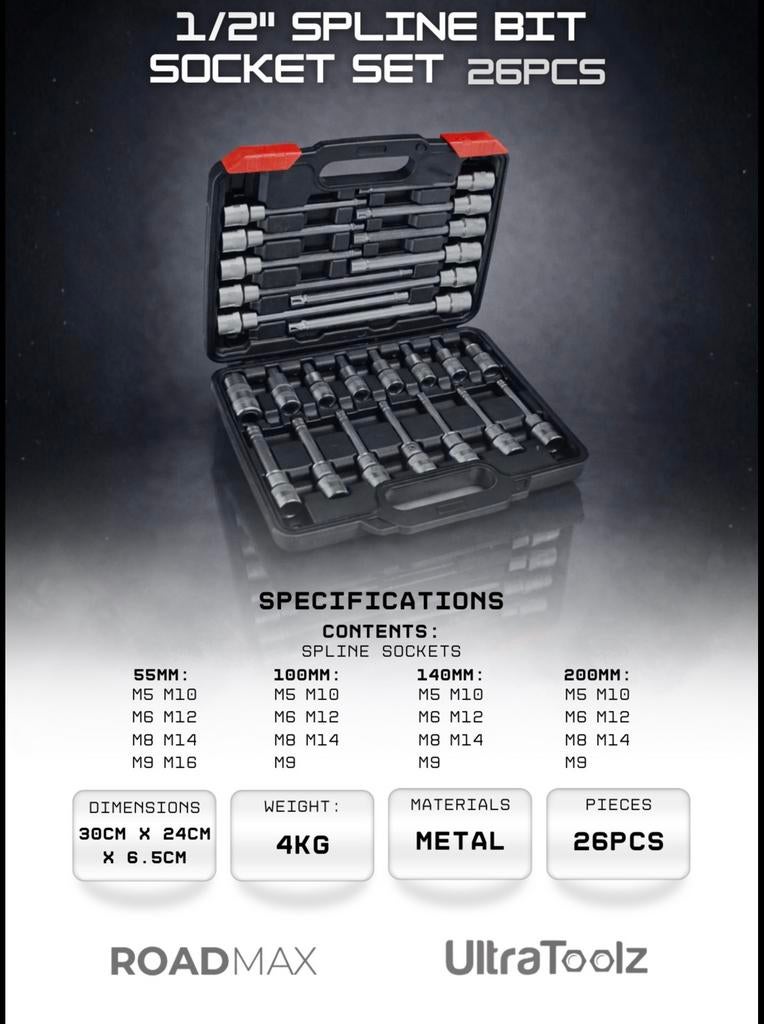 Nieuw UltraToolz 26 Delige 1/2" Spline Bit Doppenset, Auto diversen, Autogereedschap, Dr.Nolenslaan 157E 6136GM Sittard, Nieuw