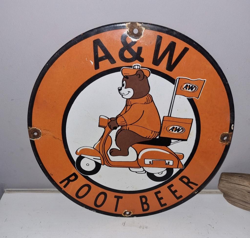 Emaille Reclamebord A&W Root Beer - 30cm, Ophalen of Verzenden, Gebruikt, Reclamebord