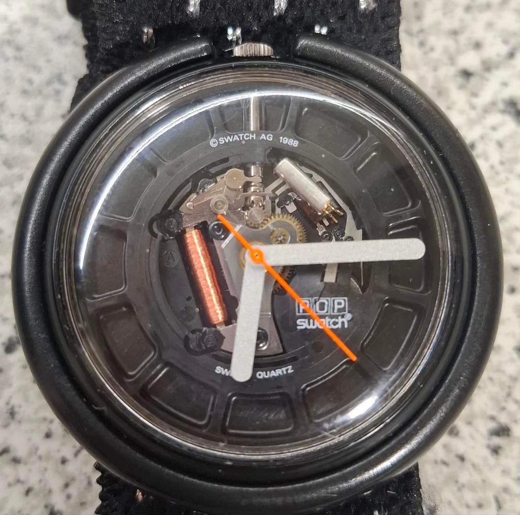 Zeldzaam geskeletteerd Swatch Pop horloge Zwitsers gemaakt, Overige merken, Overige materialen, Met bandje, Polshorloge