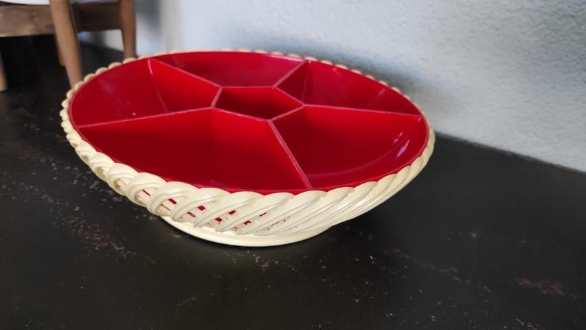 Vintage snackschaal Emsa wit rood, Kunststof, Gebruikt, Schaal, Rond