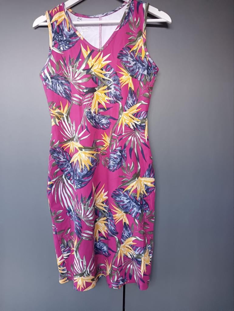 Katoenen zomerjurk mt 36/38 roze met paradijsvogelbloemprint, Kleding | Dames, Jurken, Ophalen of Verzenden, Zo goed als nieuw