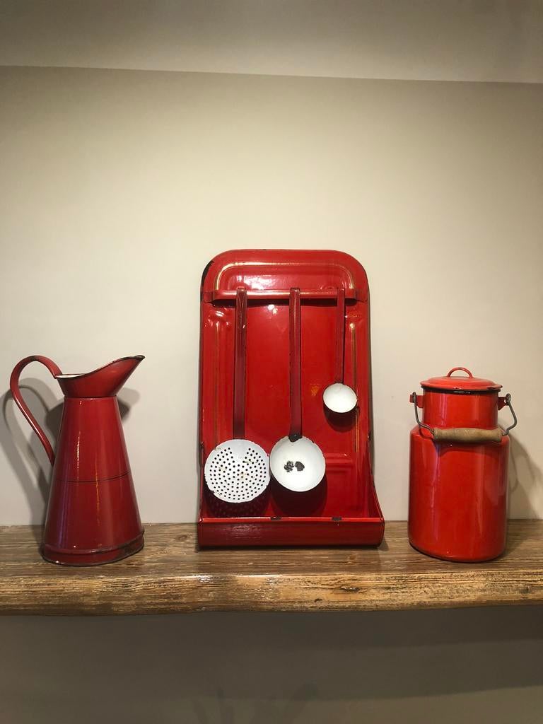 Vintage rood emaille lepelrek keuken, Ophalen of Verzenden